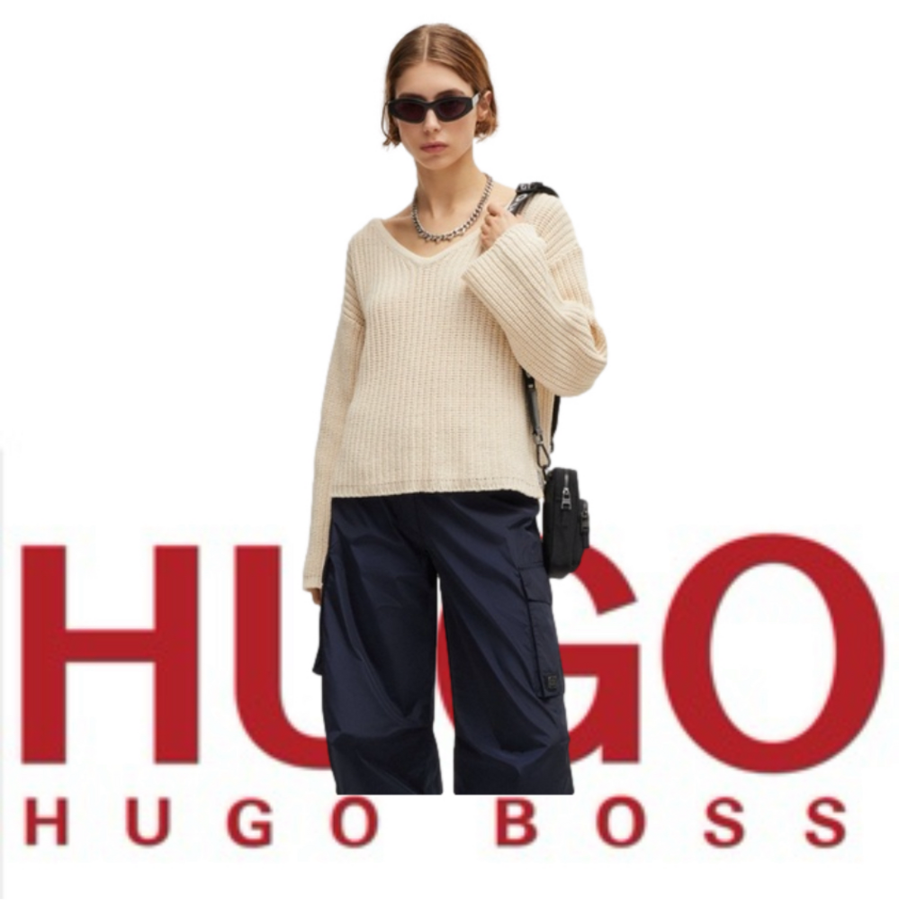 HUGO BOSS Long Sleeve Sweater With V-Neck in Soft Cream, Size Large, NWT - Picture 4 of 10
